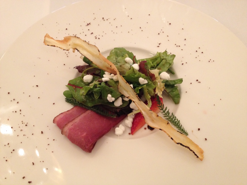 Pastrami_z_kaczki_polne_zioa_truskawki_i_dressing_kawowy_-Pastrami_of_duck_field_herbs_strawberry_and_coffee_dressing