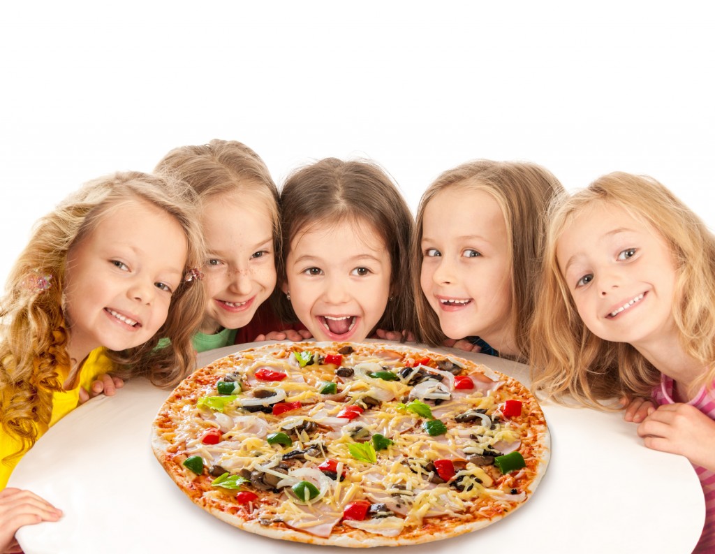 Happy kids with big pizza